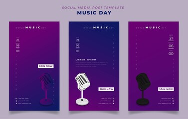 Set of social media post template in portrait background for world music day with microphone design