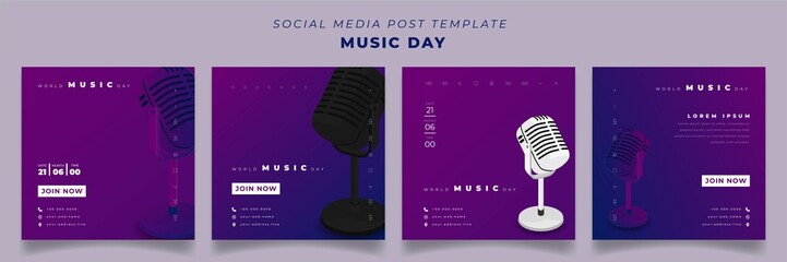 Set of social media post template in square purple background with microphone for music day design - obrazy, fototapety, plakaty