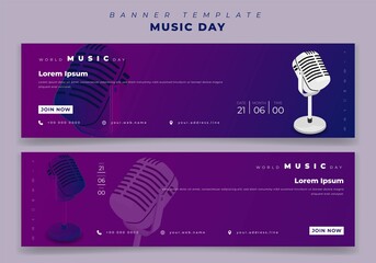 Landscape banner template for world music day in purple background with microphone design