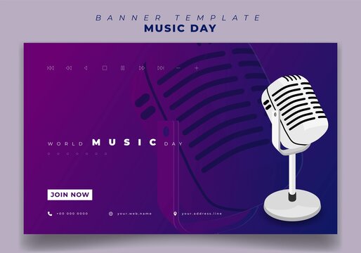 Web banner template for world music day with Microphone and purple background design