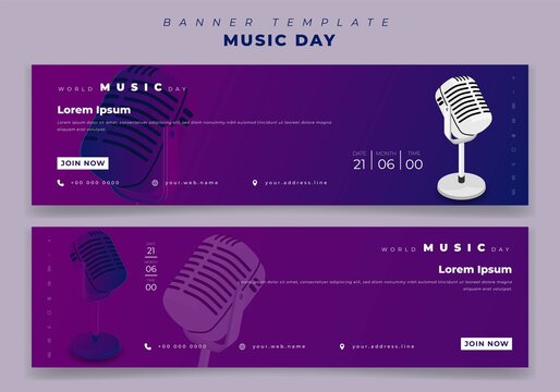 Landscape banner template for world music day in purple background with microphone design