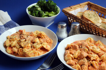 Saucy Chicken and Tortellini served with broccoli and garlic toast