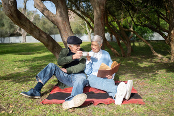 Portrait of aged couple enjoying tea in park. Happy Caucasian man and woman sitting on blanket...