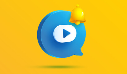 blue message bubble with Play video button 3d vector icon. Media player sign or symbol and notification number alarm symbol isolated on yellow background. yellow bell sign with new subscribe.