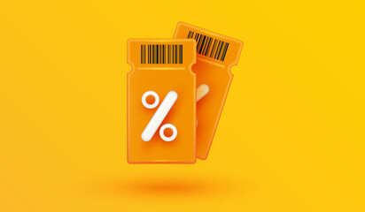 discount coupon or voucher gift with barcode on yellow background. lucky ticket and percent sign. Sale bonus points benefit special offer 3d vector illustration style.