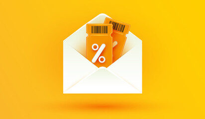 Open envelope icon with discount coupon or voucher gift and barcode on yellow background. lucky ticket and percent sign. Sale bonus points benefit special offer 3d vector illustration style. - obrazy, fototapety, plakaty