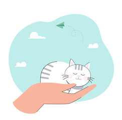 Human hand of veterinarian or pet owner holding furry cat. Care for little kitty from person flat vector illustration. Love to domestic animals concept for banner, website design or landing web page