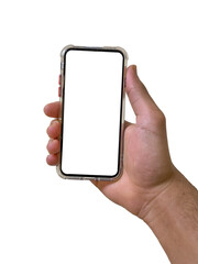 Hand holding a mobile phone on a white background