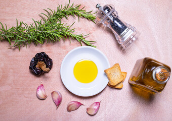 Assorted Mediterranean olive oil, rosemary, garlic, rich and healthy seasonings