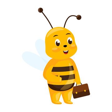 Cute employee bee isolated on white background. Smiling cartoon character work in office.