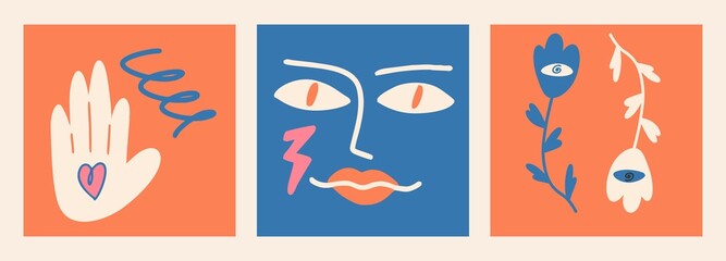 Hand drawn Abstract shapes, poster set. Vector illustrations, cartoon style, flat design. All elements are isolated. Square posters, logo templates.