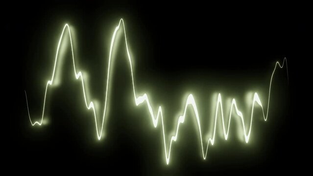 Glowing line oscillates on black background. Design. Bright neon line pulsates with musical frequency. Moving line of sound equalizer or spectrogram
