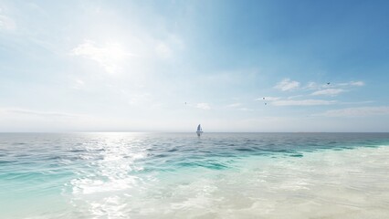 Naklejka premium 8K ULTRA HD. Beautiful Beach Sea. Scene of Landscape view of Palm at beach. Beach sand on blue sea water clear and sky clear background. 