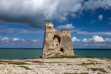 Sfinale  Tower on Apulian coast, a watchtower on Adriatic sea. Peschici, Puglia (Apulia), Italy,...