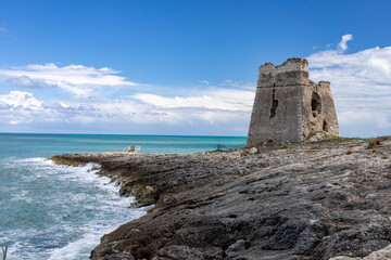Fototapeta na wymiar Sfinale Tower on Apulian coast, a watchtower on Adriatic sea. Peschici, Puglia (Apulia), Italy, Europe