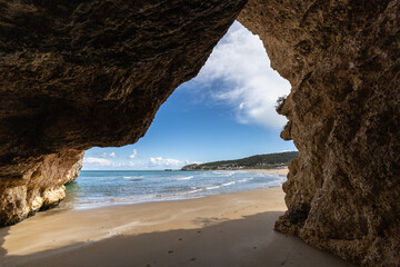 Mannacora or Manaccora a beautiful beach seen through a cave on Apulian coast. Peschici, Puglia (Apulia), Italy, Europe