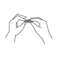 Different hands holding golden dollar coins in fingers. Simple line vector illustration for finance, business and banking. Arms with money for exchange and bribe.