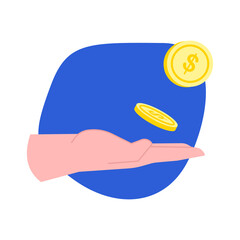 Open palm  with floating dollar coins. Simple flat vector illustration for finance, business and banking. Arm with money for charity, donation or lottery.