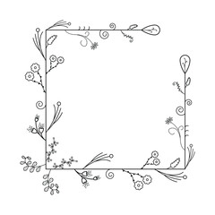 Abstract Black Simple Line Suqare With Leaf Leaves Frame Flowers Doodle Outline Element Vector Design Style Sketch Isolated Illustration For Wedding And Banner