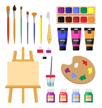 Painting tools for artists cartoon illustration set. Paintbrushes, easel, canvas, pen, pencil, palette, painters supplies for drawing, acrylic colors on white background. Art, stationery concept