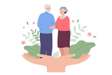 Elderly man and woman on huge hands flat vector illustration. Medical care, support, help for senior couple, adults or parents. Wellness, reconciliation, lifestyle, family concept