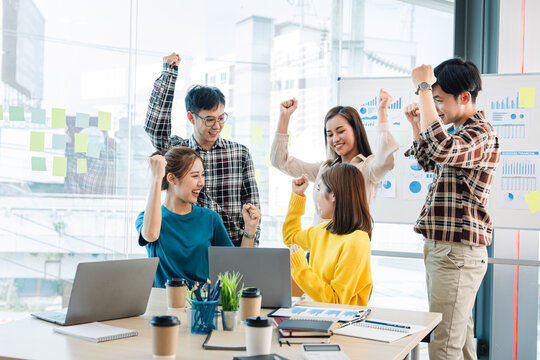 Excited entrepreneurs are successful and business people achieve goals.