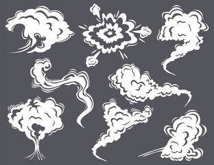 White smoke clouds on grey background cartoon illustration set. Fog, comic trail from explosion or gas blast, dust, puff, hot steam, fume. Vapor, atmosphere, wind concept