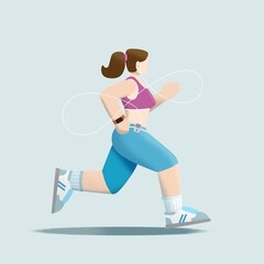 Running woman with earphones, sports girl, stylized flat illustration, grain style