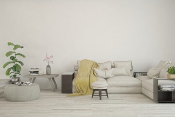 Modern living room in white color with sofa. Scandinavian interior design. 3D illustration
