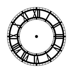 Black and white wall clock dial template. Silhouette of an old clock with Roman numerals.