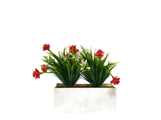 Fake flowers. red flowers. white flowers. flower pot with white background