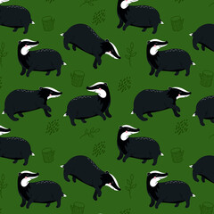 Seamless camouflage pattern with cute badgers in the forest. Cute animal graphics. Beautiful animal design elements, perfect for prints and patterns