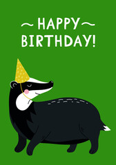 Happy Birthday card. Cute style, badger. Postcard with cute animal