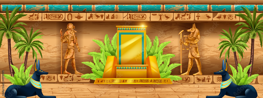 Wall mural Egypt temple background, gold throne, gods statue silhouette, vector ancient pharaoh pyramid wall. Ancient civilization game interior, hieroglyphs, palace room, stone column. Egypt temple illustration