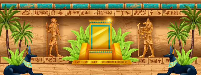 Egypt temple background, gold throne, gods statue silhouette, vector ancient pharaoh pyramid wall. Ancient civilization game interior, hieroglyphs, palace room, stone column. Egypt temple illustration - obrazy, fototapety, plakaty