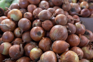 Assortment of fresh onions at market