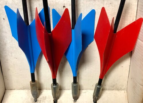 Close-up of old vintage set of red and blue lawn darts Stock-Foto | Adobe  Stock