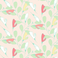 Vector seamless half-drop pattern, with leaves and flowers