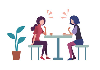 女性　談笑　コミュニケーション　白背景　フラットイラスト　インテリア　観葉植物