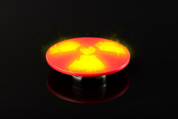 Big red button with the symbol of nuclear weapons on a black background. Glowing nuclear button in a nuclear suitcase