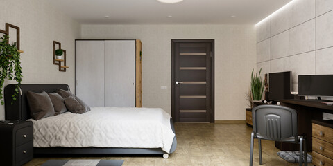 Modern bedroom interior design with work place. 3D illustration
