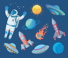 Astronaut and space objects cartoon illustration set. Spaceship, spaceman, asteroids, rocket, alien, comet, moon, sun, on blue background, UFO, astronomy, outer space concept © PCH.Vector