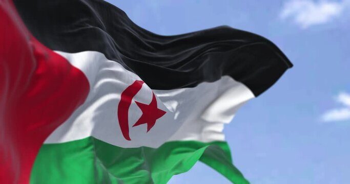 Detail of the national flag of Sahrawi Arab Democratic Republic waving in the wind on a clear day. Sahrawi Arab Democratic Republic  is a partially recognized state located in the western Maghreb. 