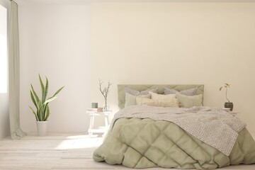 Soft color bedroom interior. Scandinavian design. 3D illustration