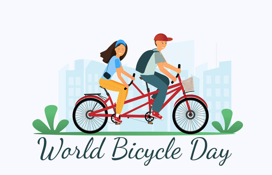 Banner with happy people riding  tandem bicycle together, world bicycle day concept, sport life concept, healthy lifestyle concept, flat vector illustration