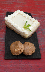 Sweet desserts. Closeup view of a portion of Key Lime Pie with caramel truffles. 