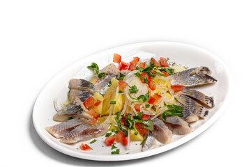 Traditional Russian cold appetizer salted herring with boiled potatoes