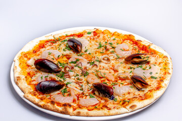 Pizza with seafood, mussels, shrimp, squid