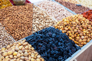 Dried fruits and nuts on local food market