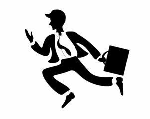 Fototapeta na wymiar Business running man illustration. A man in a business suit with a tie and a briefcase runs to an important meeting. Life is filled with ideas. Your ideas can change the whole world